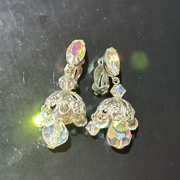 Vintage Lewis Segal 1-1/2” Chandelier Dangle Earrings Clip On Aurora Borealis AB - Picture 4 of 7